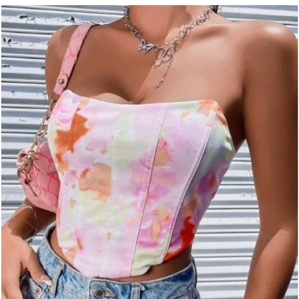 Shein Strapless Corset Pink Pastel Floral Watercolor Top Small